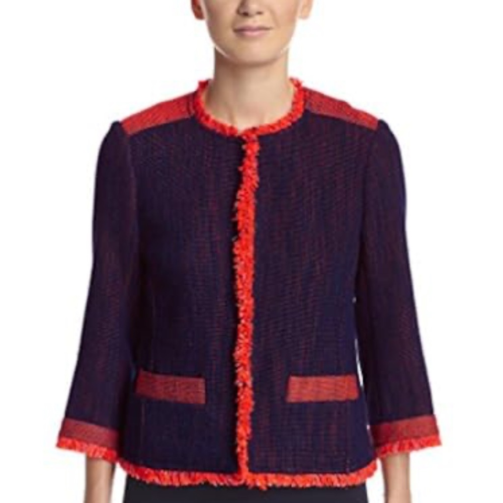 Trina Turk Mitra Pop Tweed Jacket Navy & Orange, silk cotton, fits like small - Picture 2 of 9